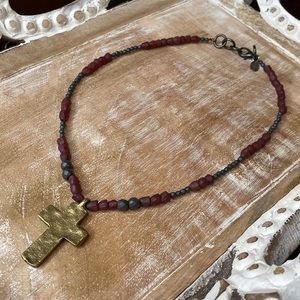 LOYAL MUSE Necklace Grey Hematite & Red Recycled Glass Beads Brass Cross Pendant